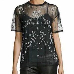 Cinq a Sept Pearl Beaded Mesh Black Sheer Embellished Top